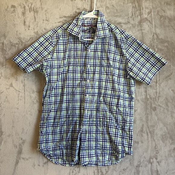 Robert Graham Classic Short Sleeve Button Up Shirt Mens Sz M Green Blue Plaid - Picture 1 of 9
